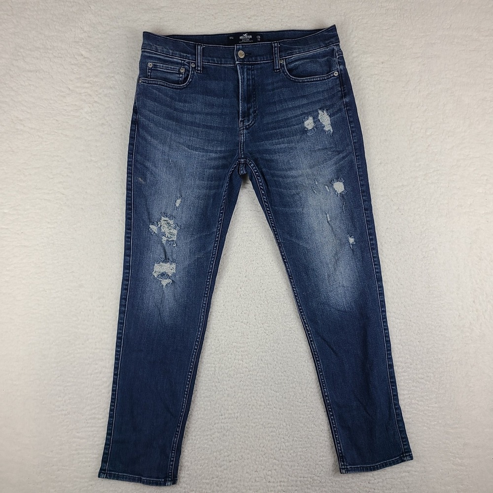 Hollister‎ Jeans Mens 34x32 Blue Slim Taper Advanced Stretch Distress Dark Wash